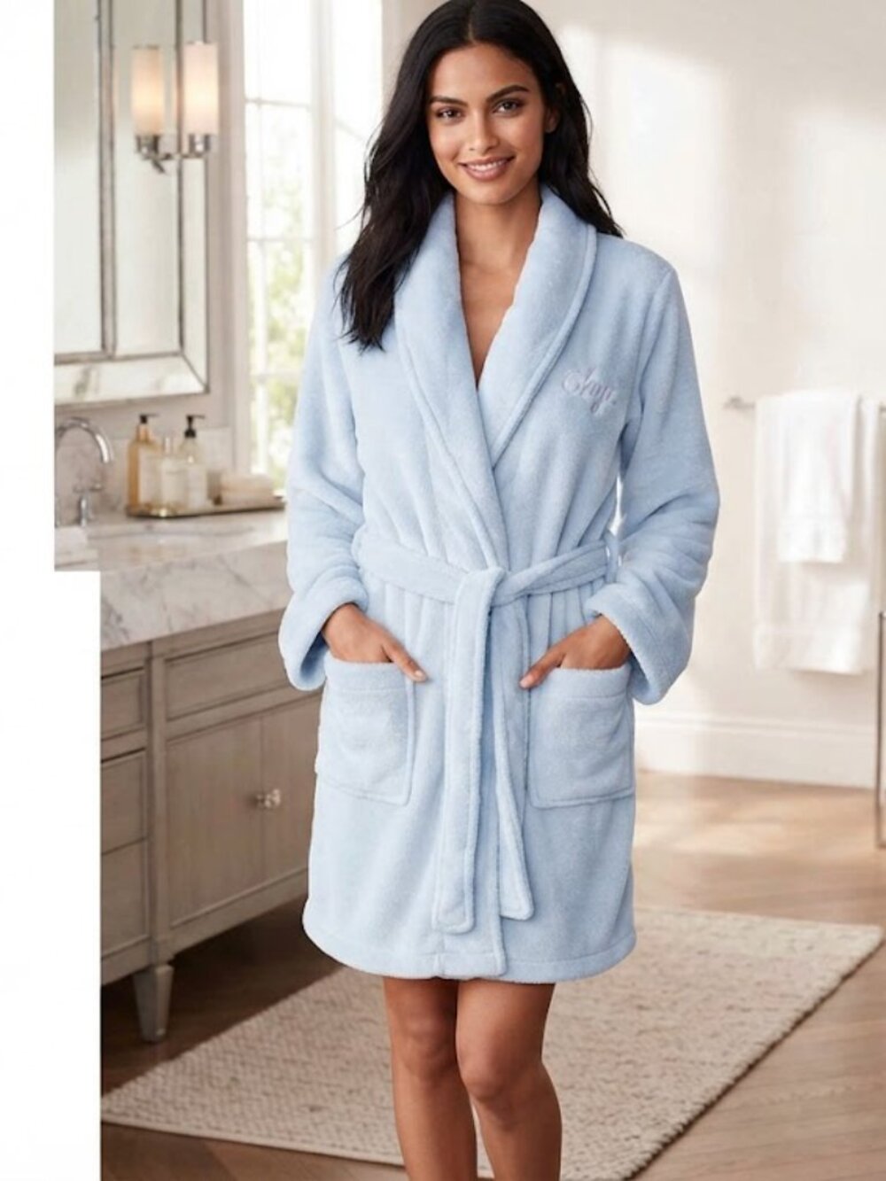 NEW VS Bath Cozy Robe‎ Short Plush  Light Blue Medium /Large